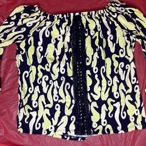 crown and ivy off the shoulder green and navy seahorse print blouse